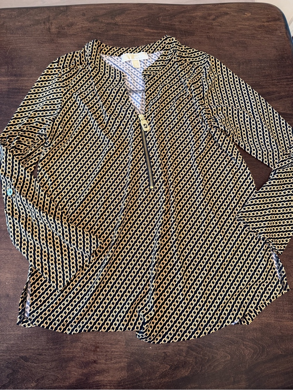 Michael Kors Black and Gold Chain Print Zip Front Blouse